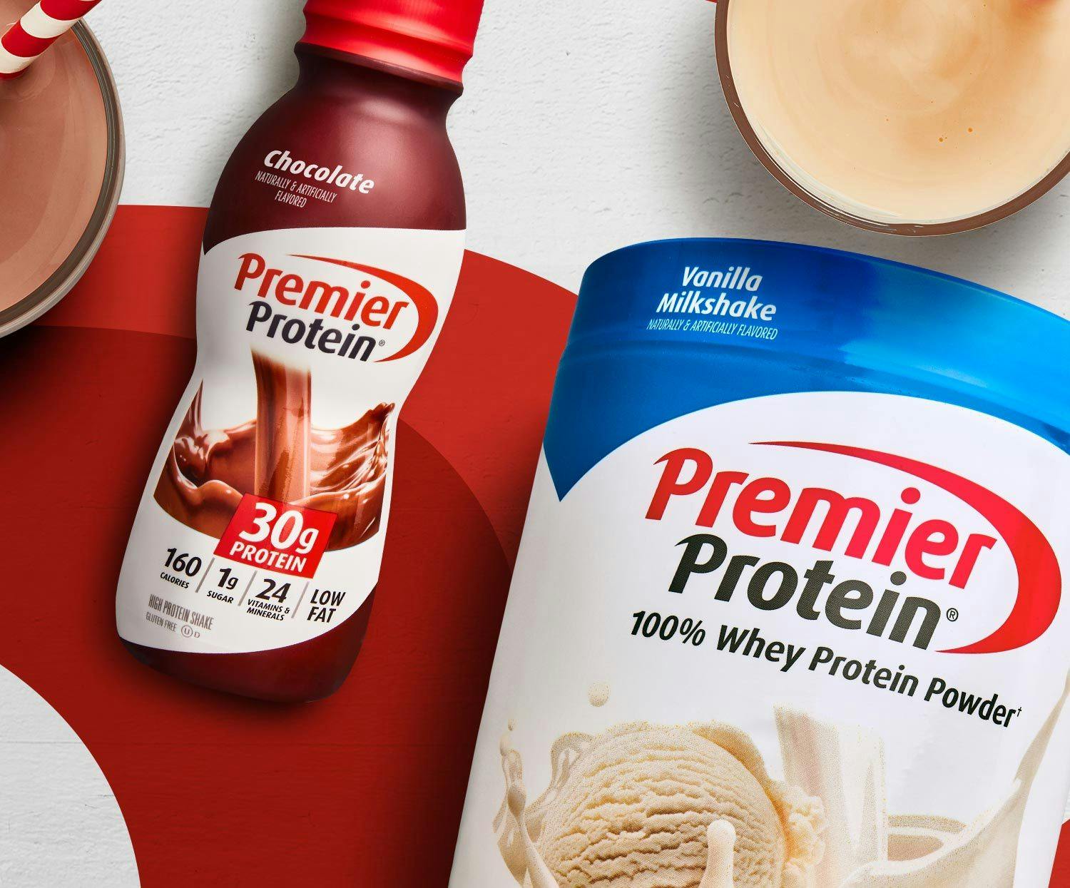 A Premier Protein shake next to Premier Protein Powder.