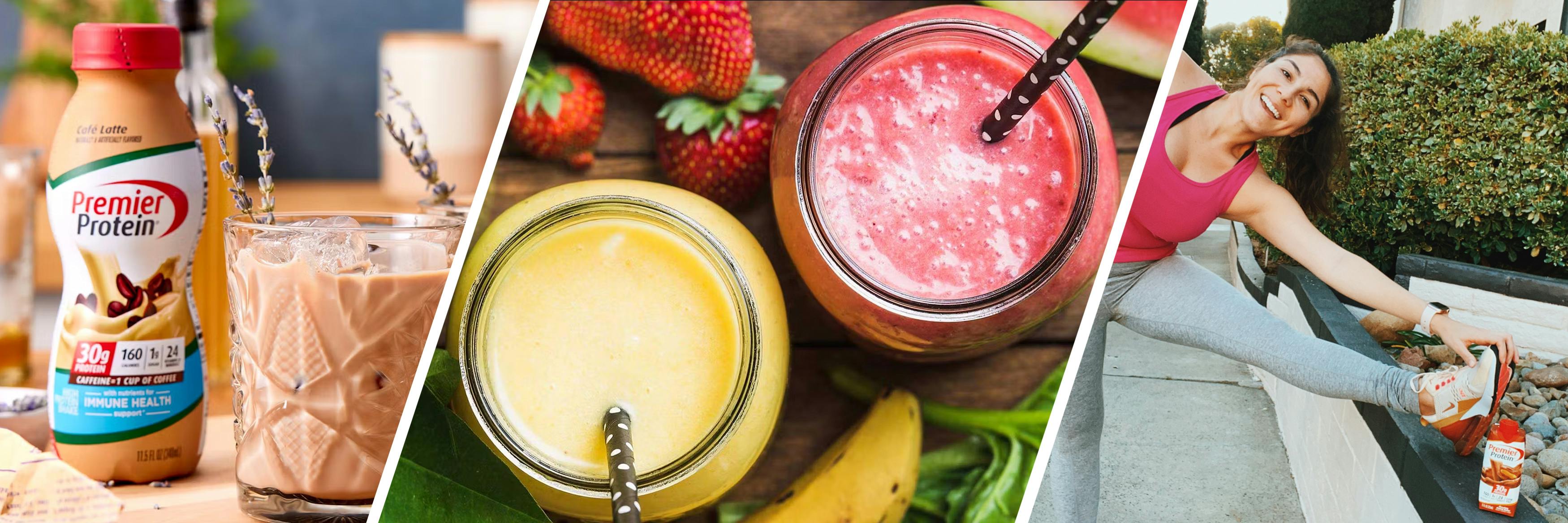 Three images: a glass of Cafe Latte Premier Protein with a bottle alongside. A top-down shot of two glasses of colorful protein shakes with straws. A woman stretching on a small wall with a Premier Protein product