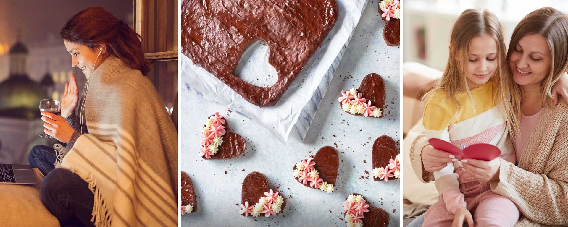 Three photos: a woman on her laptop waving to someone on a video call. A photo of a chocolate cake. A photo of a mother with her daughter on her lap while they read a valentine card.