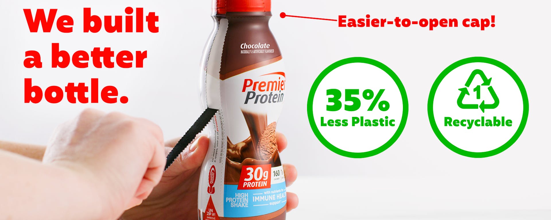 A new Premier Protein bottle that is 35% Less Plastic and Recyclable. With the words "We built a better bottle."