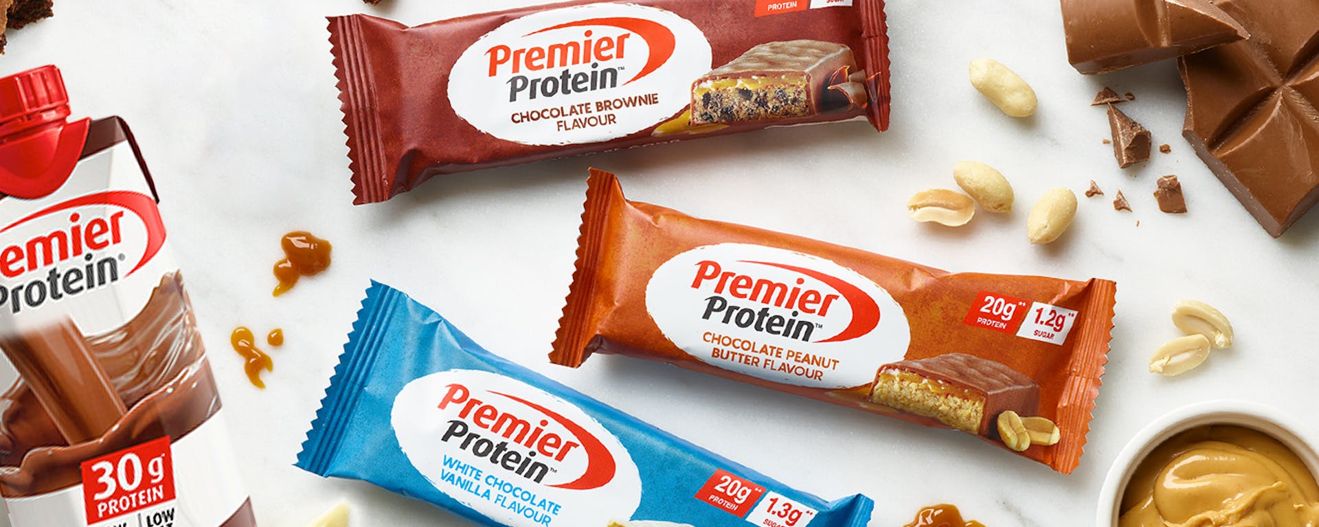 A collage of Premier Protein products including Protein Bars and Protein Shakes.