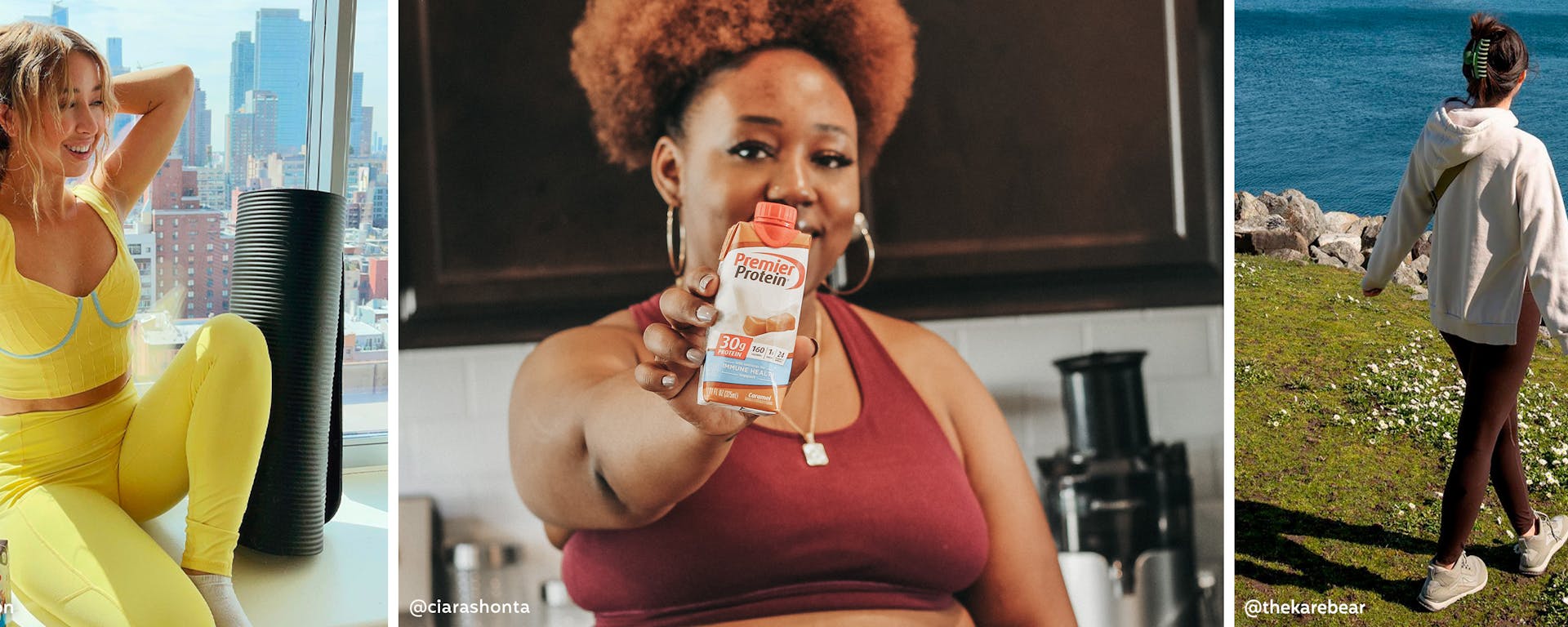 Three photos, each one of a woman exercising. One woman is holding a Premier Protein shake.
