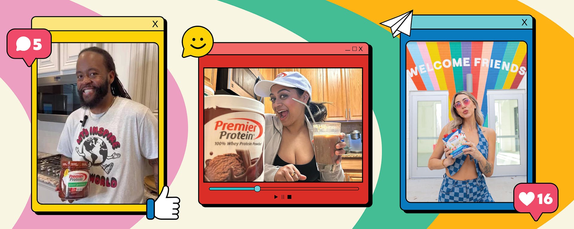 Three influencers holding Premier Protein products, each in an cartoon-style illustrative frame meant to invoke social media apps