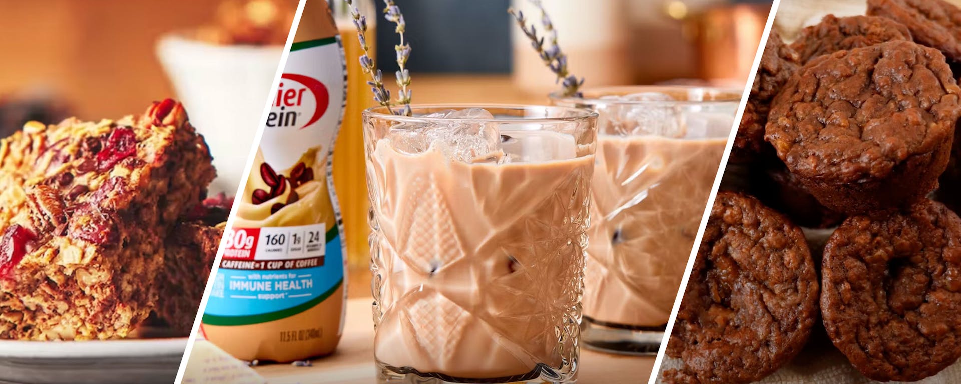 Triptych featuring High Protein Baked Oatmeal cafe latte protein shakes, and Banana Protein Packed Muffins
