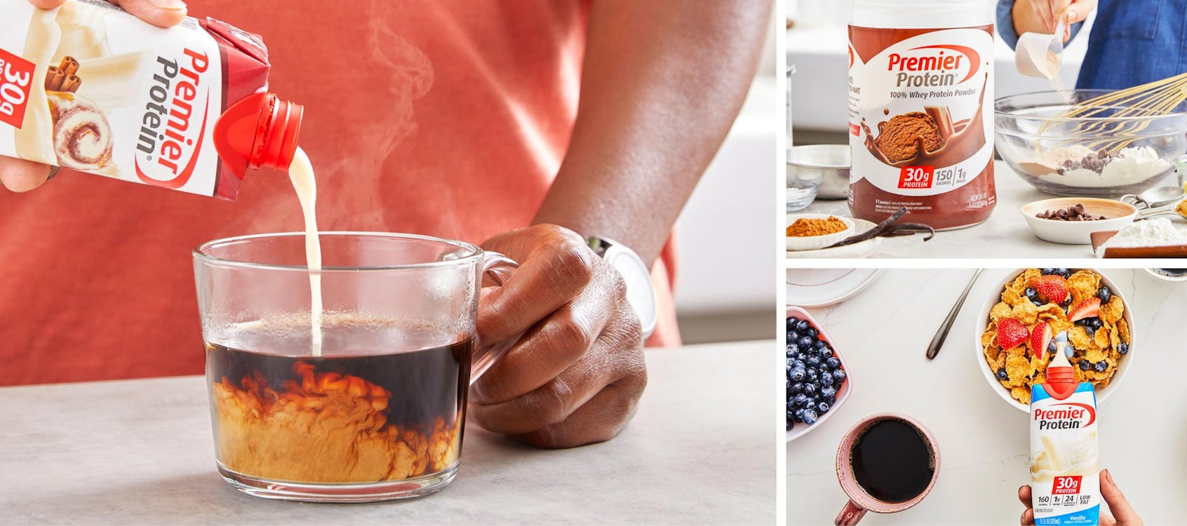 Three photos. One is a man pouring a Premier Protein Shake into his coffee. The second is someone baking with Premier Protein Powder. Last is a Premier Protein shake being poured into a bowl of cereal.