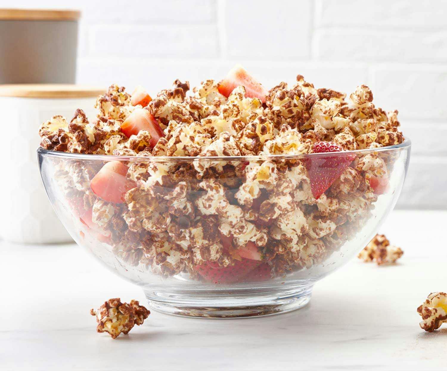 A bowl of chocolate protein popcorn.