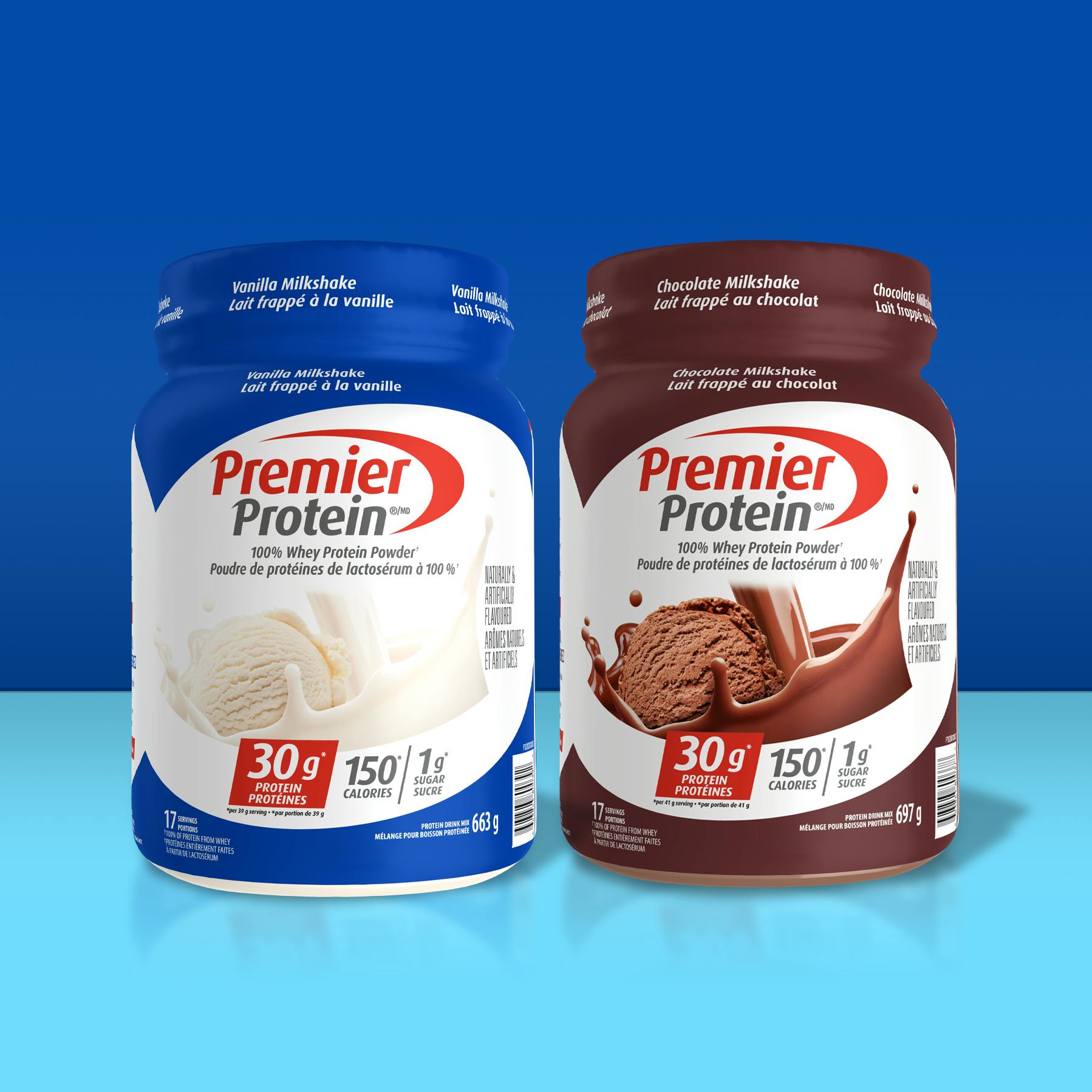 Premier Protein Vanilla Milkshake and Chocolate Milkshake Protein Powders.