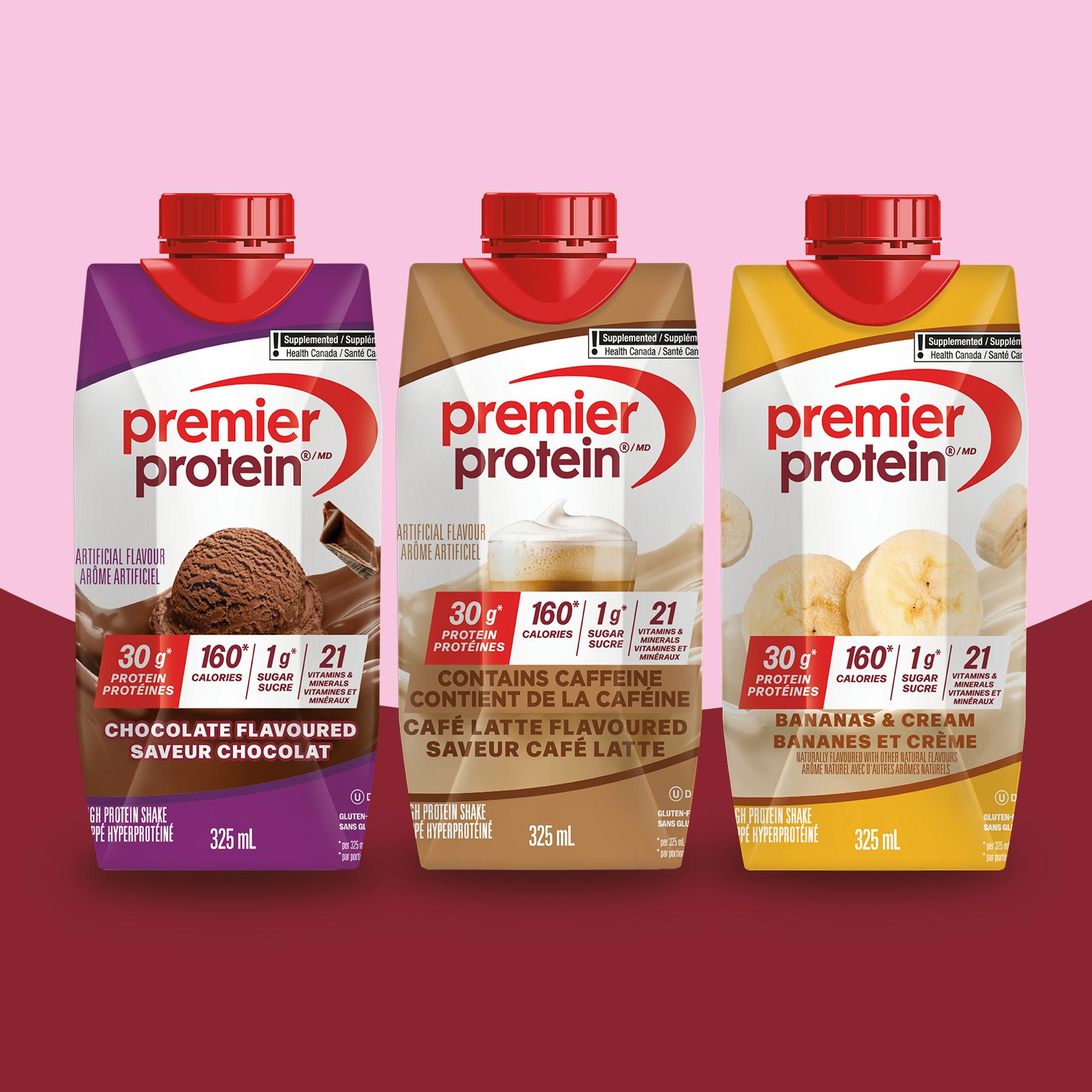 Three bottles of Premier Protein Protein Shakes.