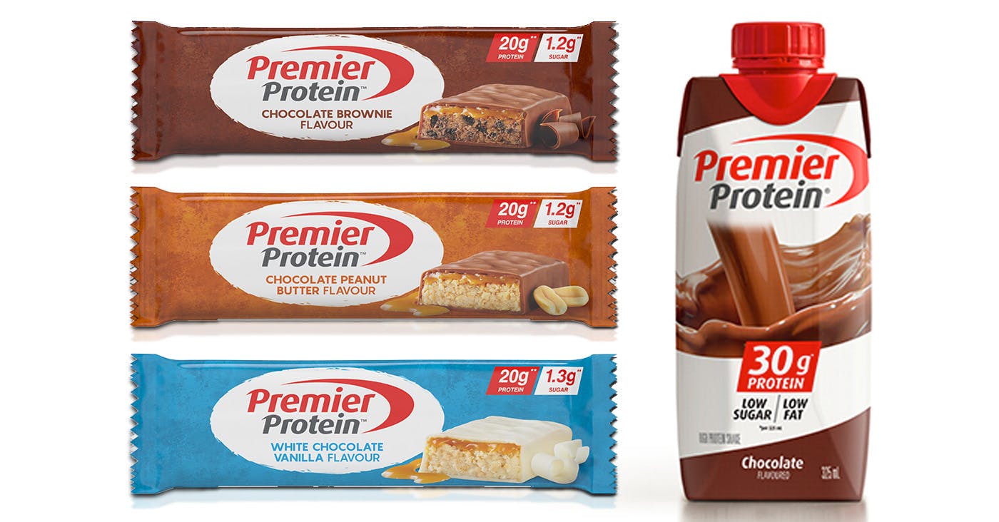 Premier Protein Bars: White Chocolate, Chocolate Brownie and Chocolate Peanut Butter and a Premier Protein Chocolate Protein Shake