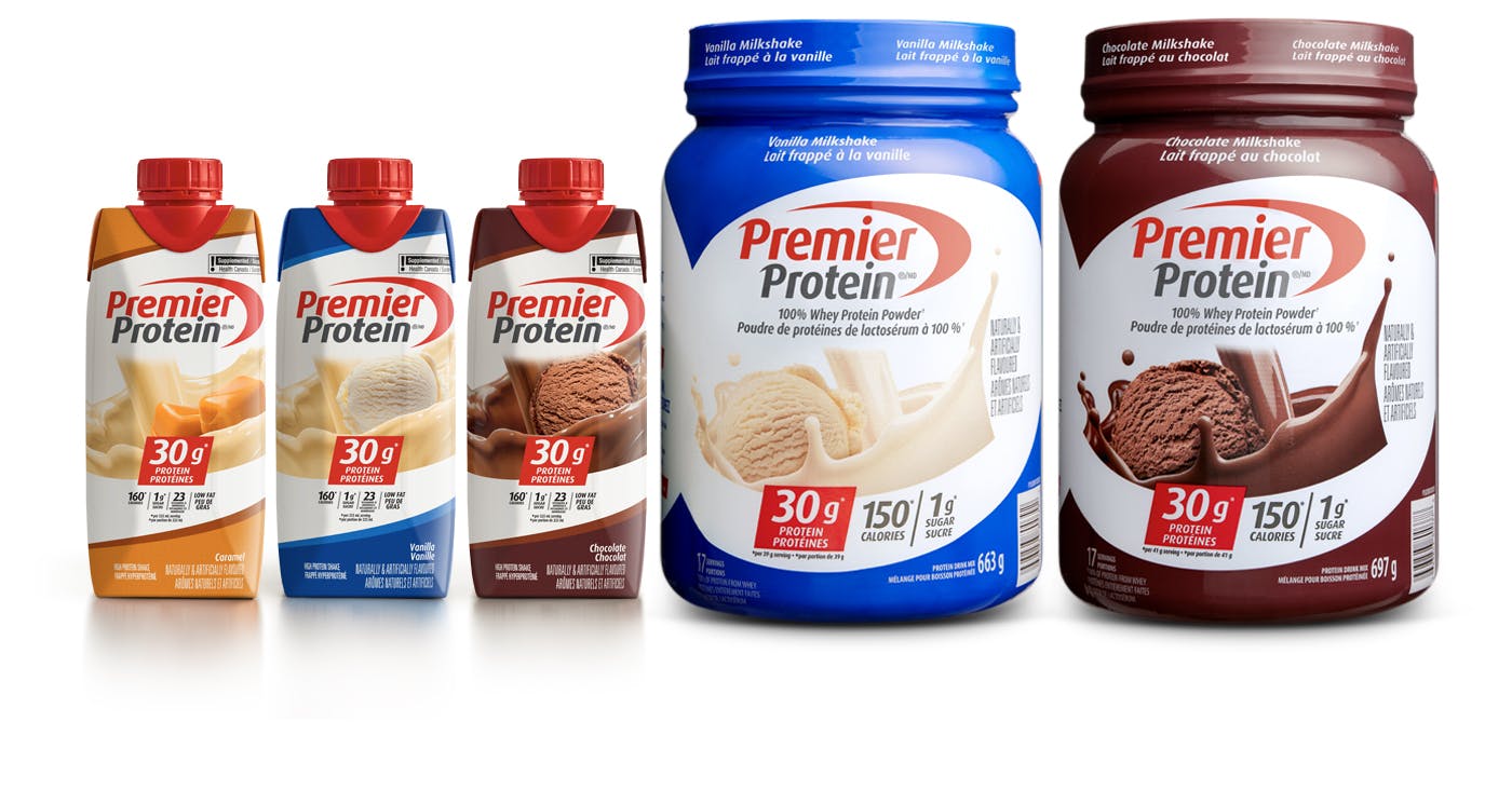 A variety of Premier Protein Protein shakes and Powders.