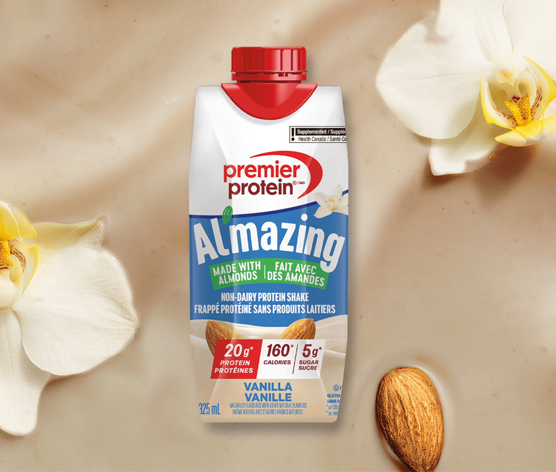 A single bottle of vanilla flavoured, Premier Protein Al'mazing Non-Dairy Protein Shake