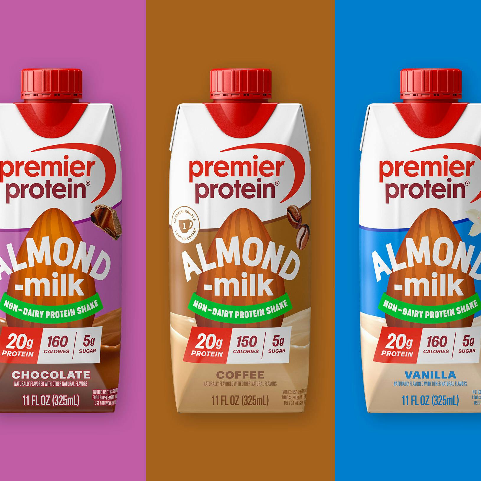 Almondmilk Non-Dairy Protein Shakes by Premier Protein. Available in Chocolate, Coffee, and Vanilla flavors.