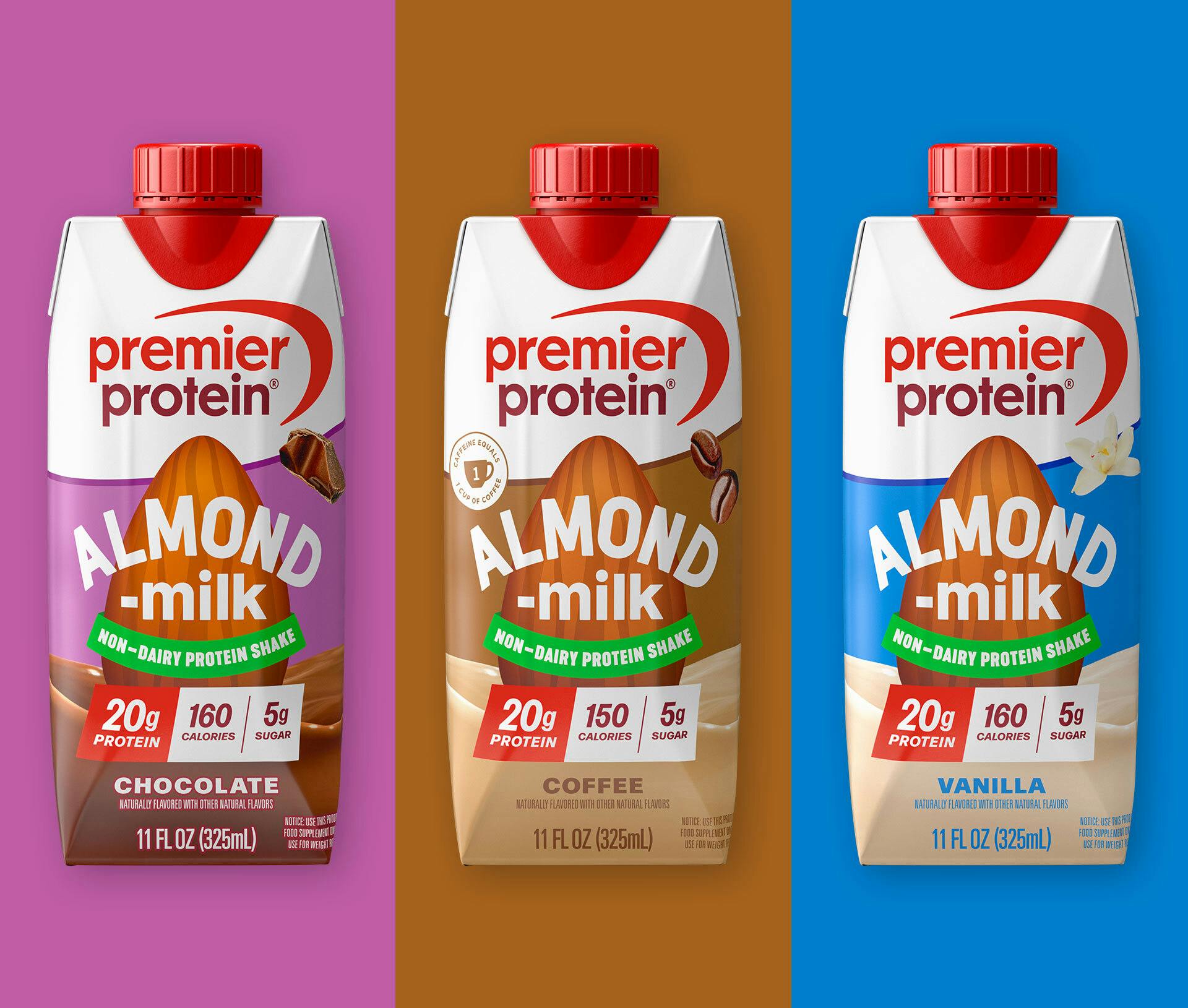 Almondmilk Non-Dairy Protein Shakes by Premier Protein. Available in Chocolate, Coffee, and Vanilla flavors.