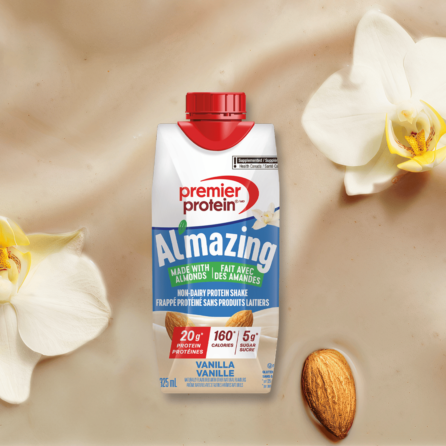 A single bottle of Premier Protein Vanilla Al'mazing Non-Dairy Protein Shake.