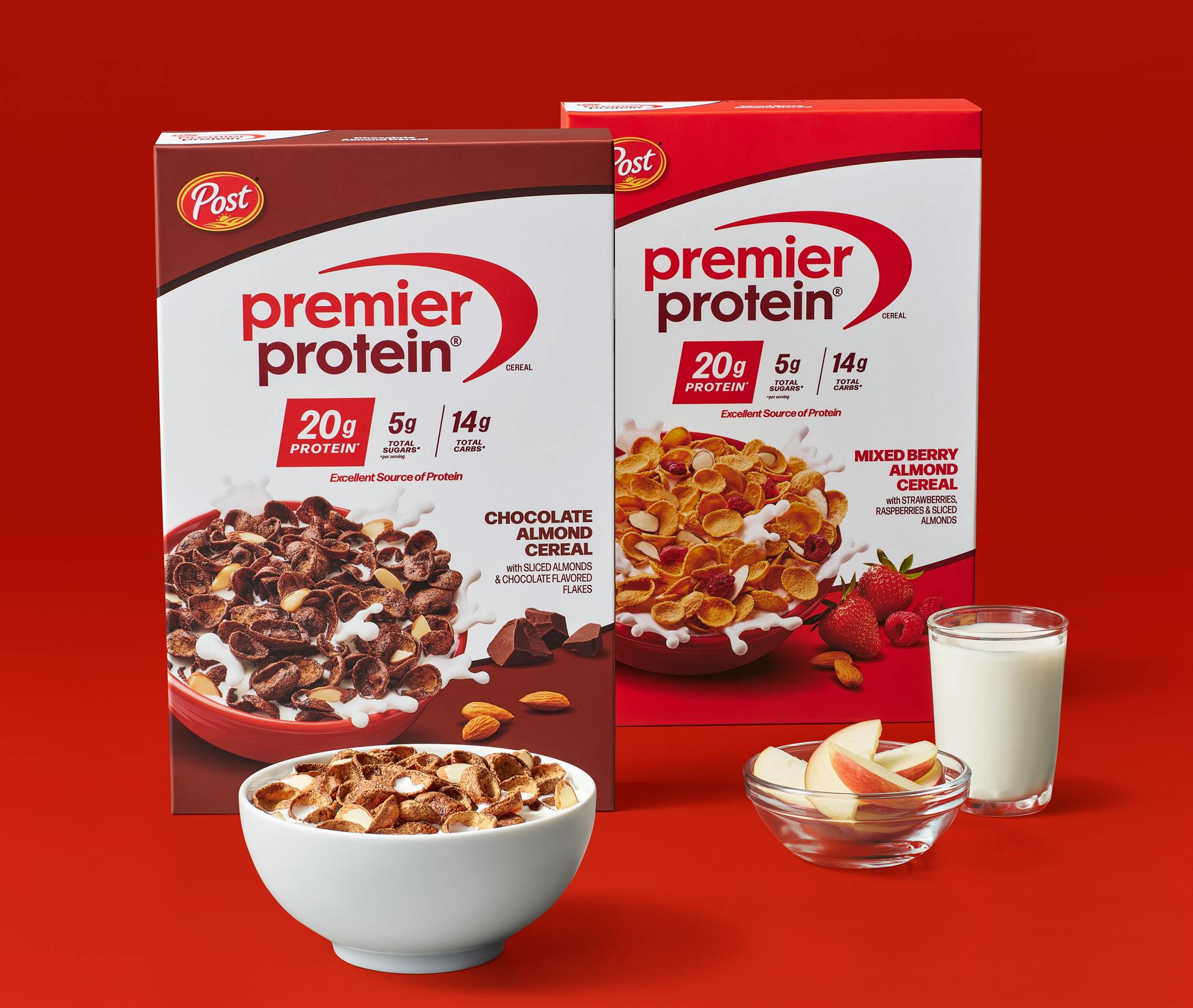 Premier Protein Cereals in Mixed Berry Almond and Chocolate Almond flavors.