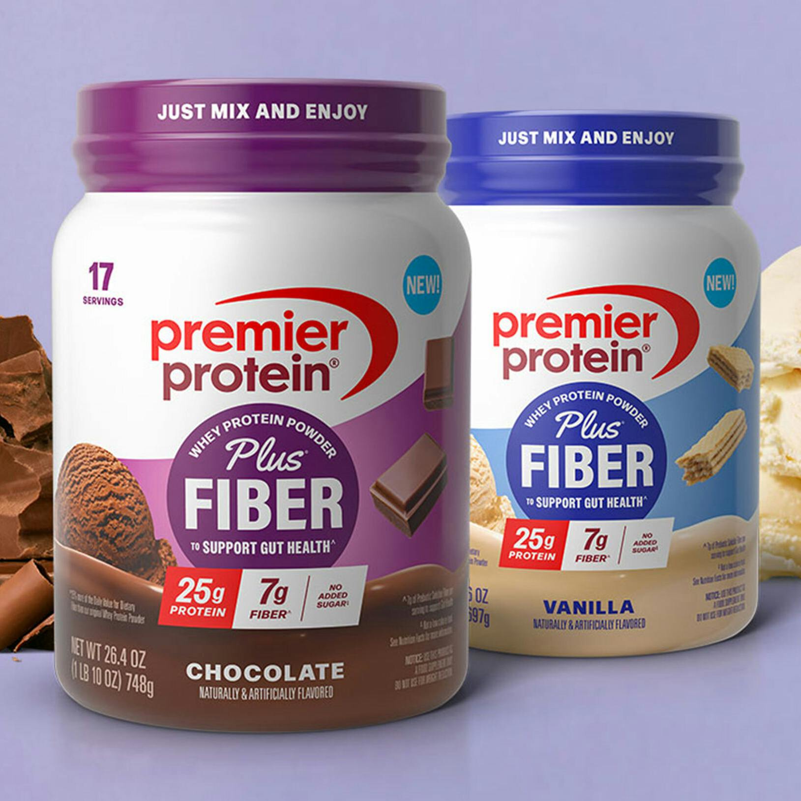 New Protein Plus Fiber Powders by Premier Protein. Available in Chocolate and Vanilla.