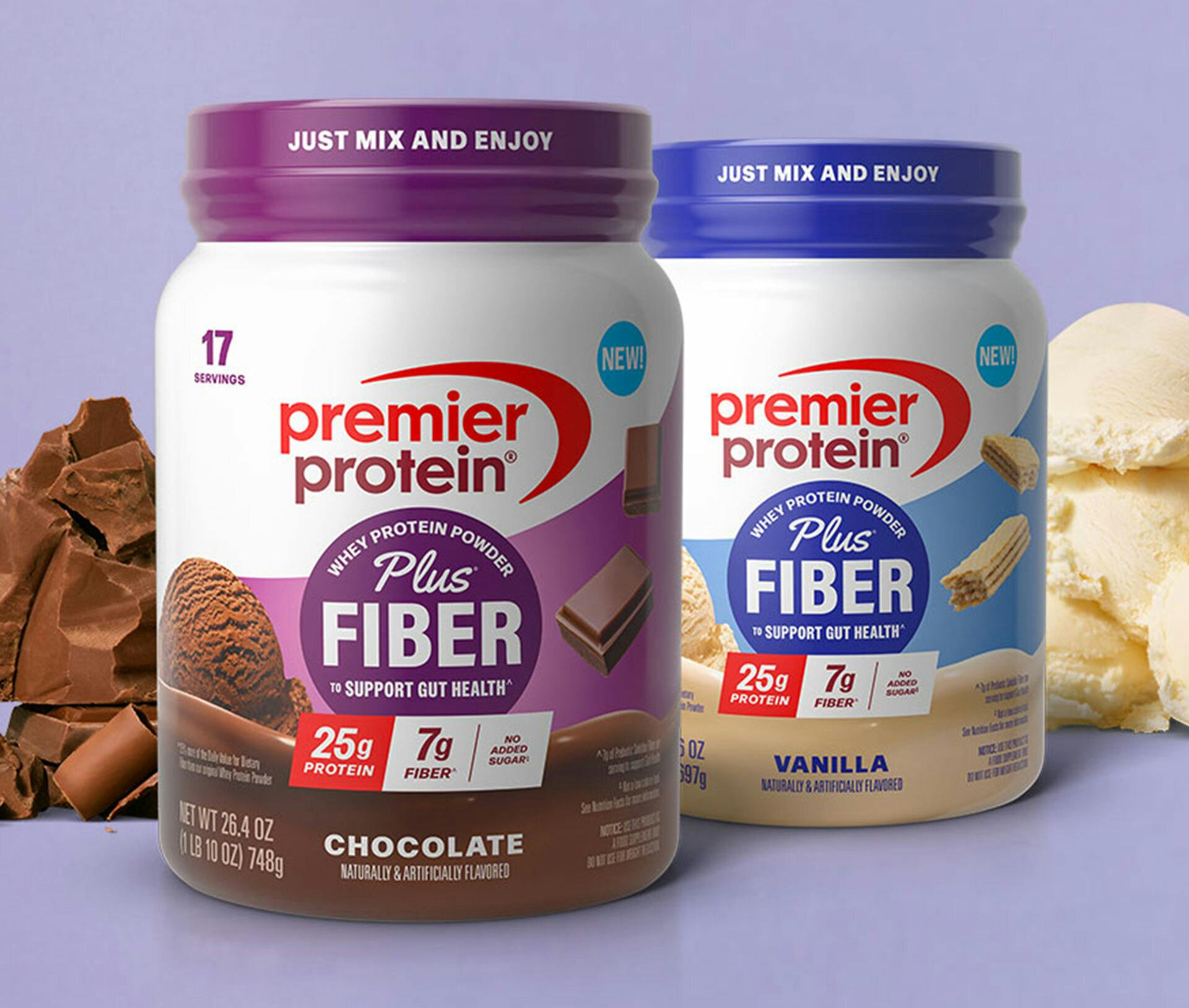 New Protein Plus Fiber Powders by Premier Protein. Available in Chocolate and Vanilla.
