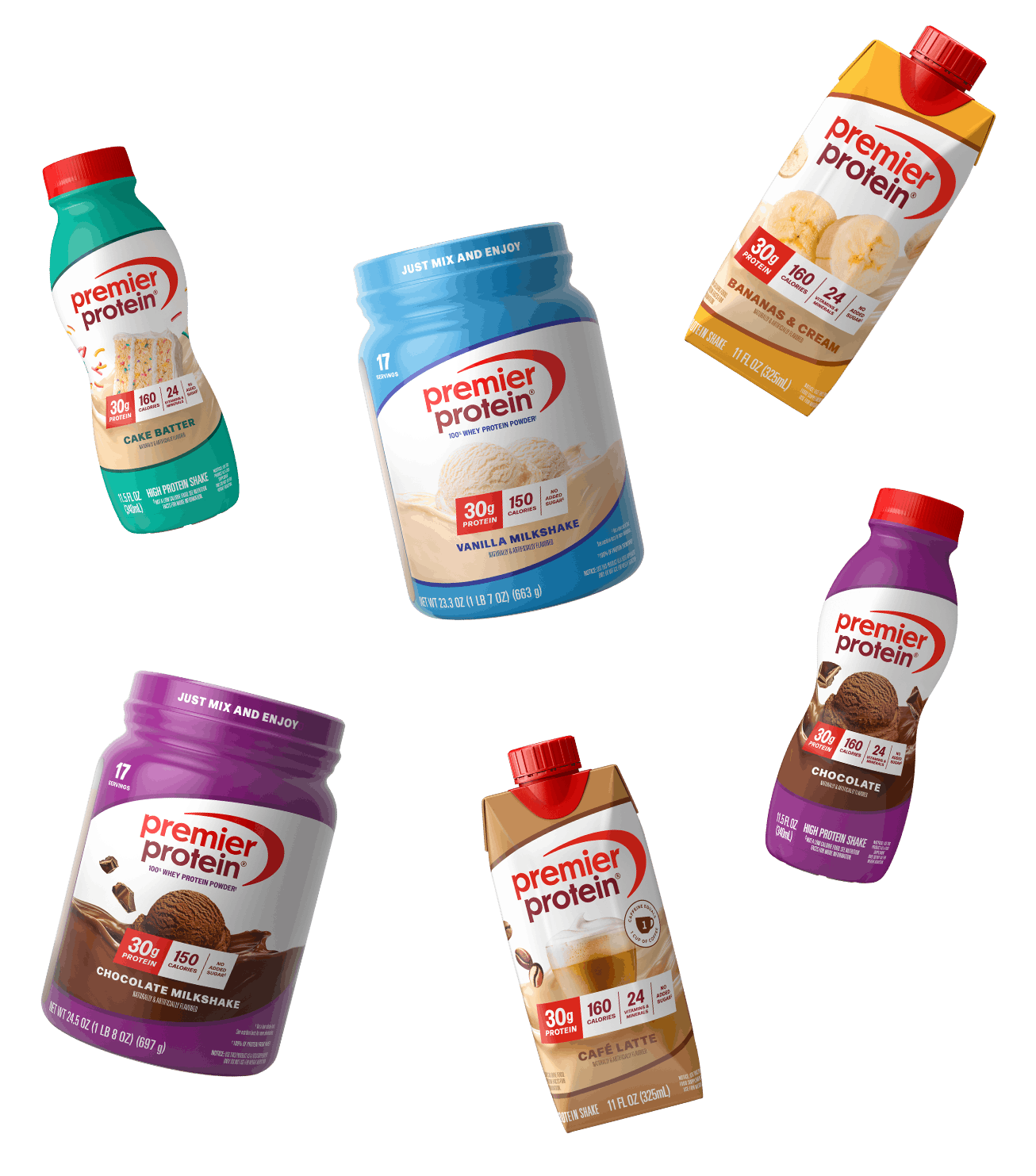 Premier Protein product family featuring powders and shakes of various flavors