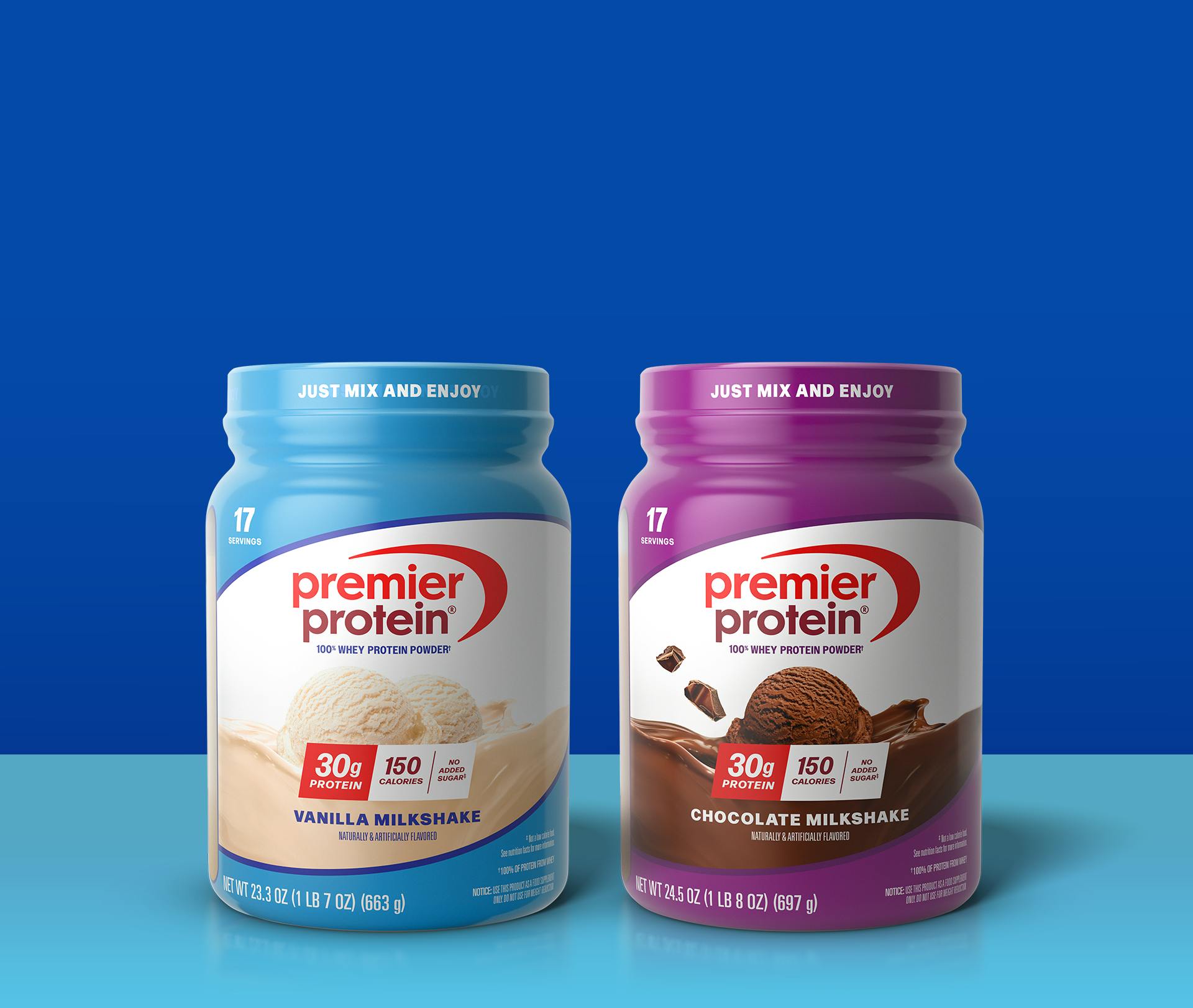 Premier Protein Vanilla Milkshake and Chocolate Milkshake Protein Powders.
