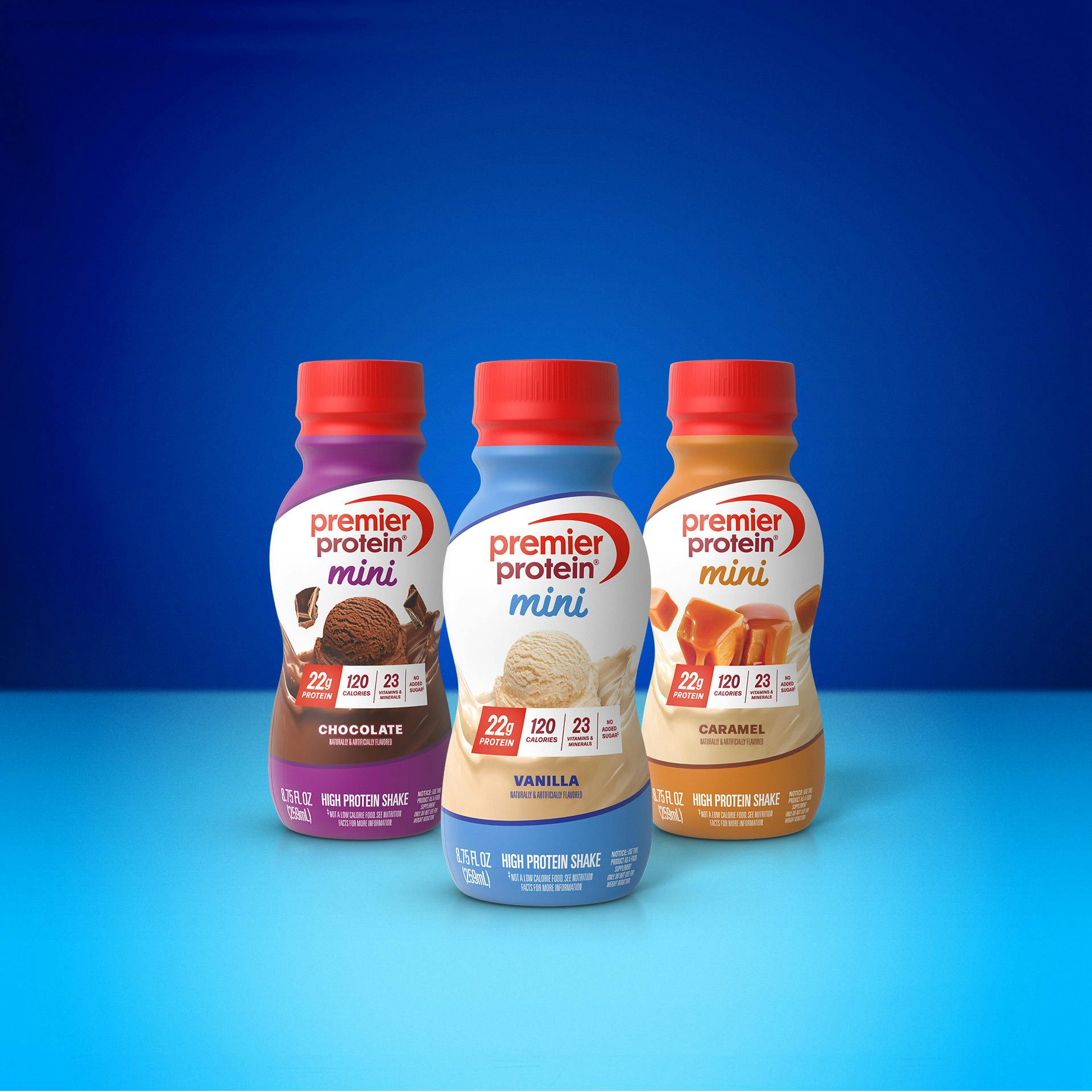 Three Premier Protein Mini Shakes in caramel, vanilla and chocolate flavors.