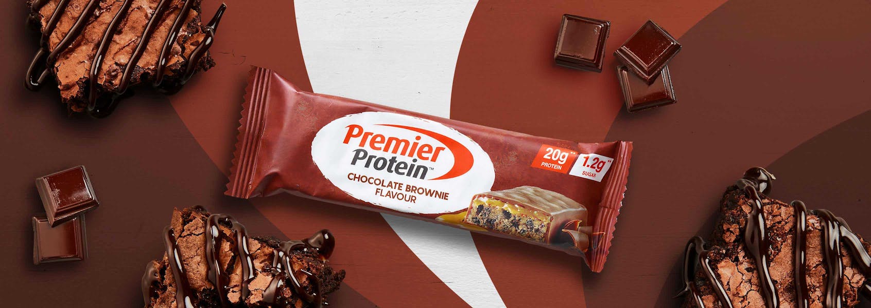 A photo of Premier Protein Chocolate Brownie Protein Bar.