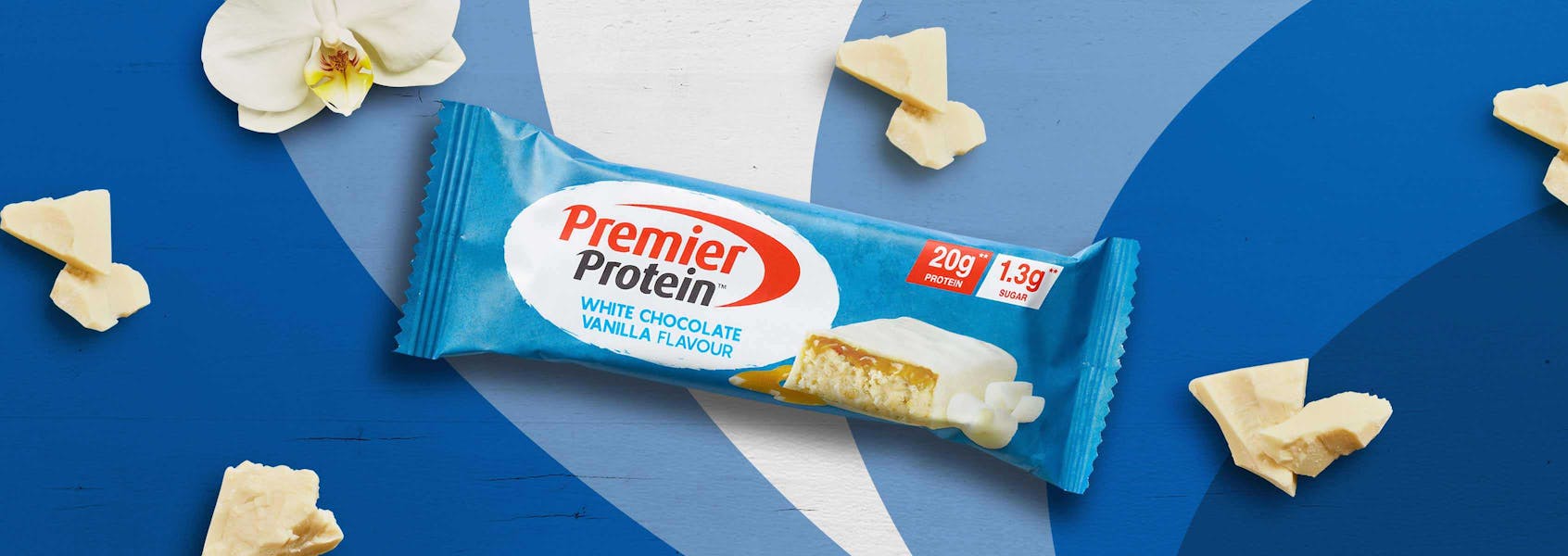 A photo of Premier Protein White Chocolate Vanilla Protein Bar.