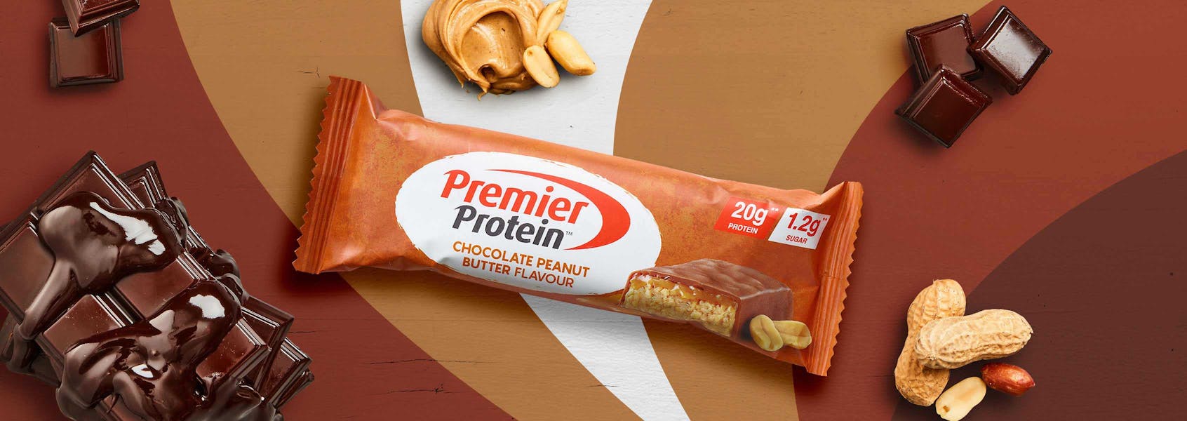 A photo of Premier Protein Chocolate Peanut Butter Protein Bar.