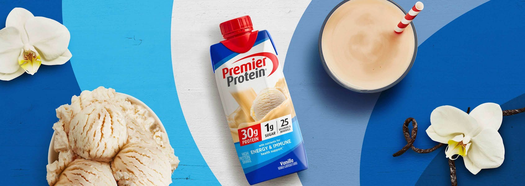 A photo of Premier Protein Vanilla Protein Shake with Energy & Immune Support.