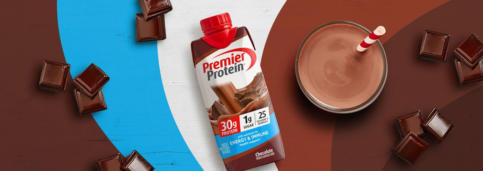 A photo of Premier Protein Chocolate Protein Shake with Energy & Immune Support.