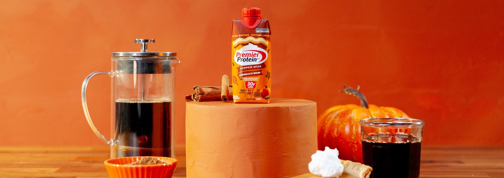 A photo of Premier Protein Pumpkin Spice Protein Shake.