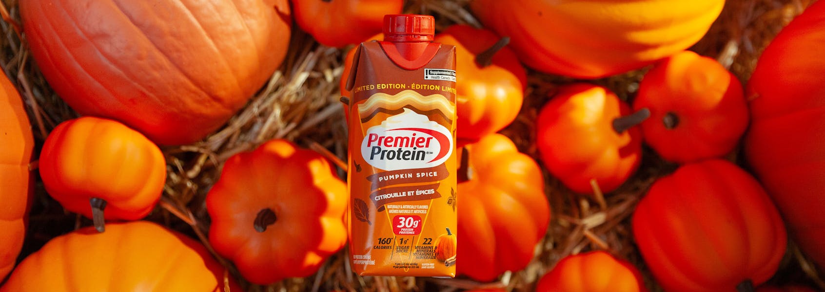 A photo of Premier Protein Pumpkin Spice Protein Shake.