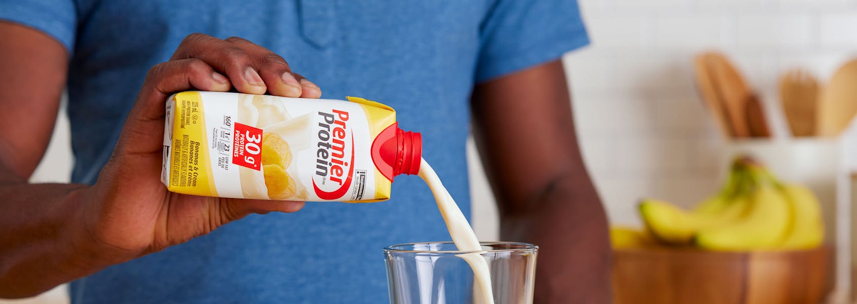 A photo of Premier Protein Bananas & Cream Protein Shake.