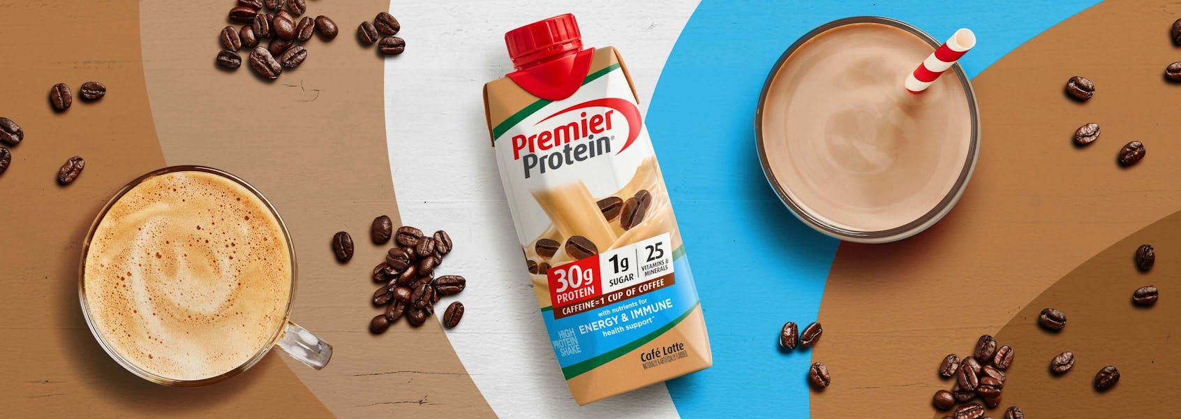 A photo of Premier Protein Café Latte Protein Shake with Energy & Immune Support.