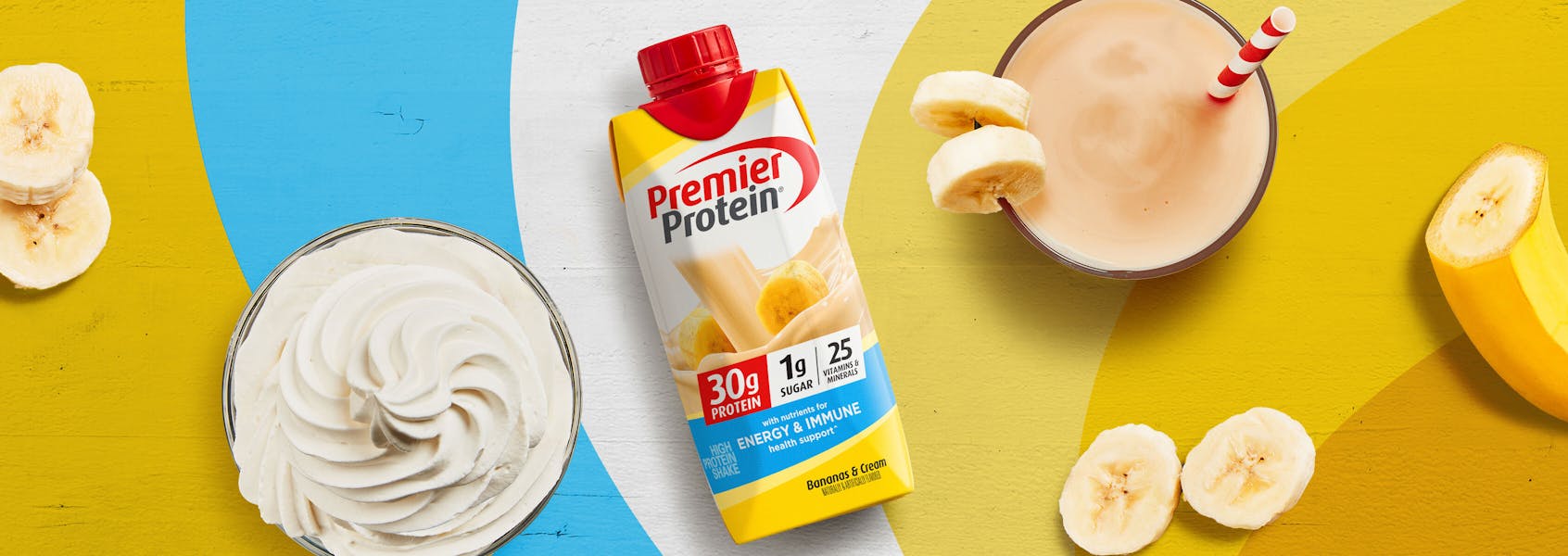 A photo of Premier Protein Bananas & Cream Protein Shake with Energy & Immune Support.