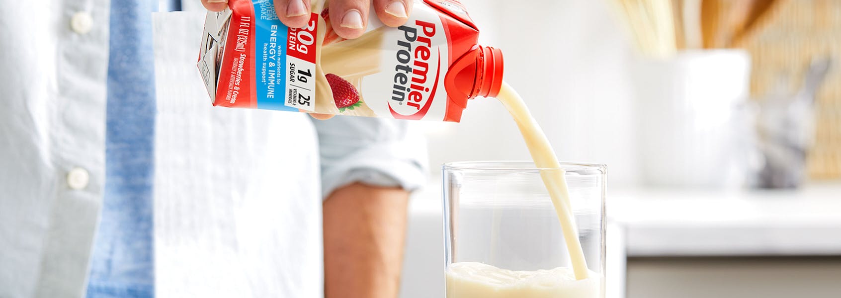A photo of Premier Protein Strawberries & Cream Protein Shake with Energy & Immune Support.