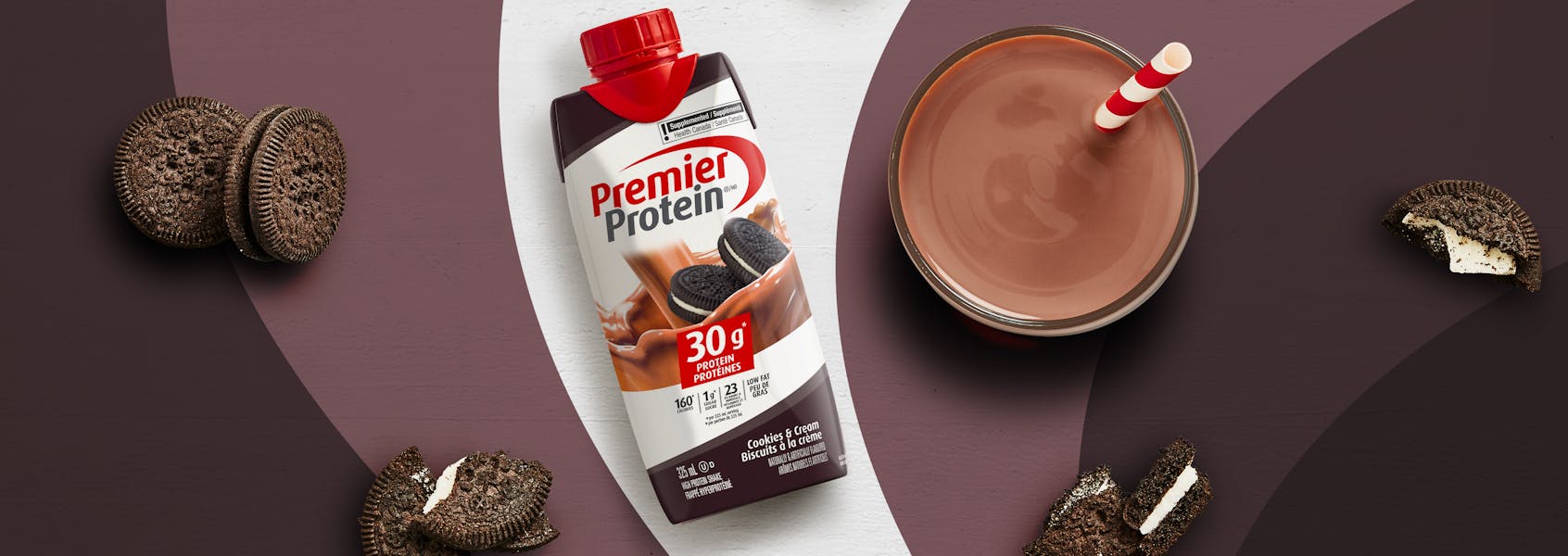 A photo of Premier Protein Cookies & Cream Protein Shake.