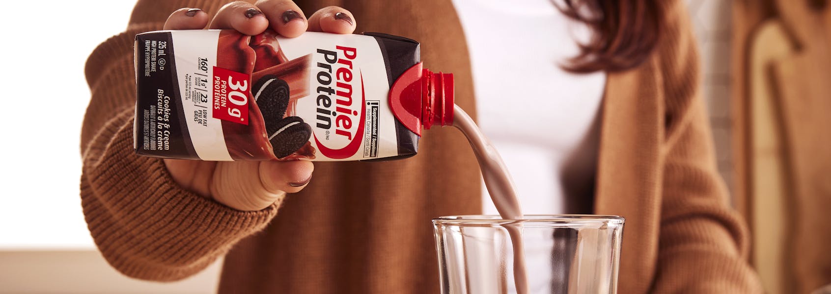A photo of Premier Protein Cookies & Cream Protein Shake.