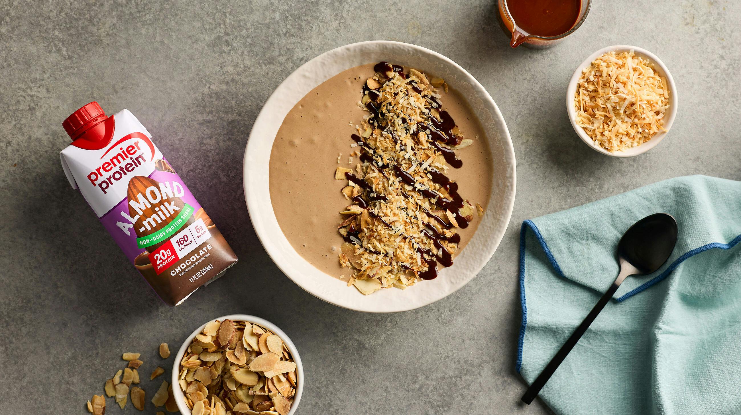 Recipe image for Chocolate Almond Protein Smoothie Bowl.