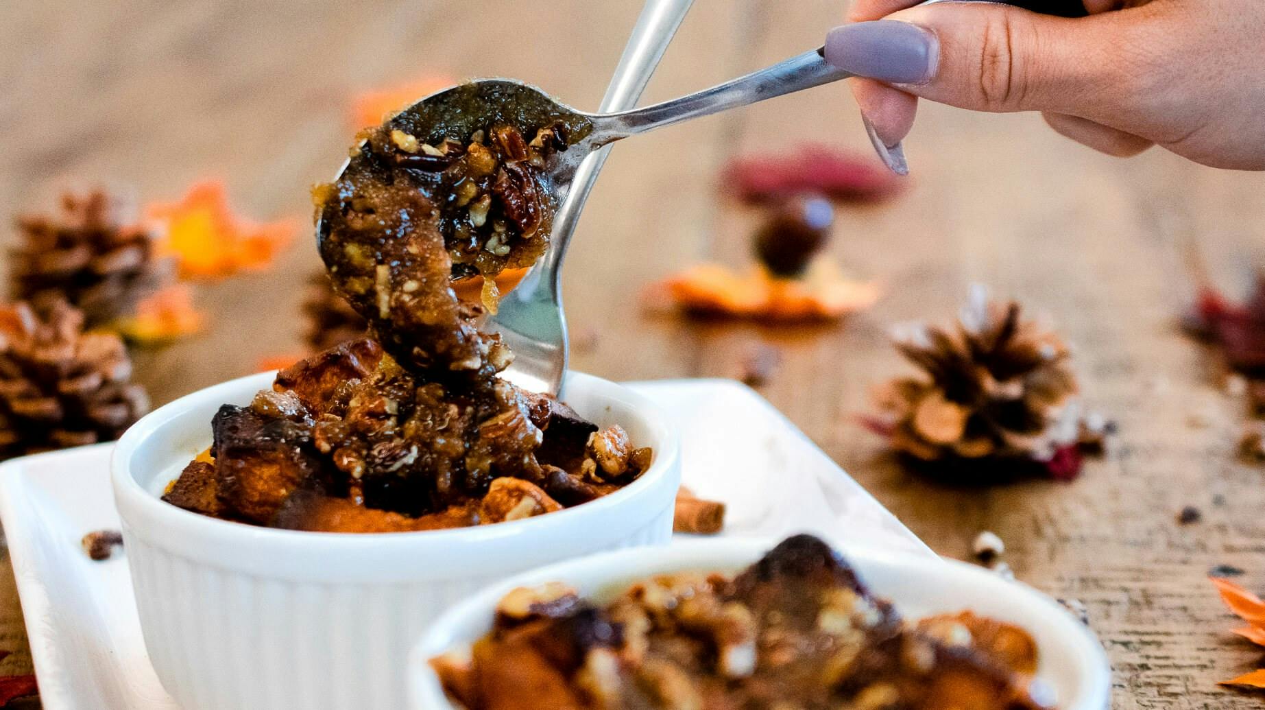 Recipe image for Caramel Pecan Pumpkin Bread Puddings.