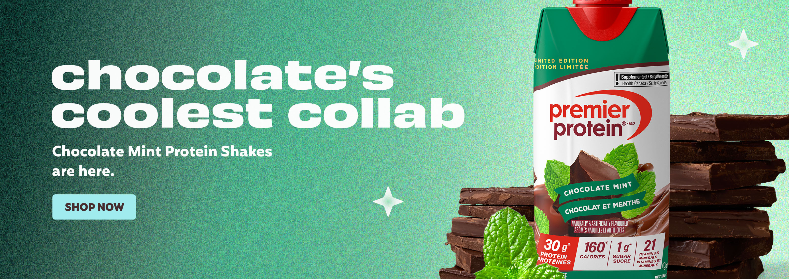 Chocolate's Coolest Collab.  Chocolate Mint Protein Shakes are here.  Shop now!