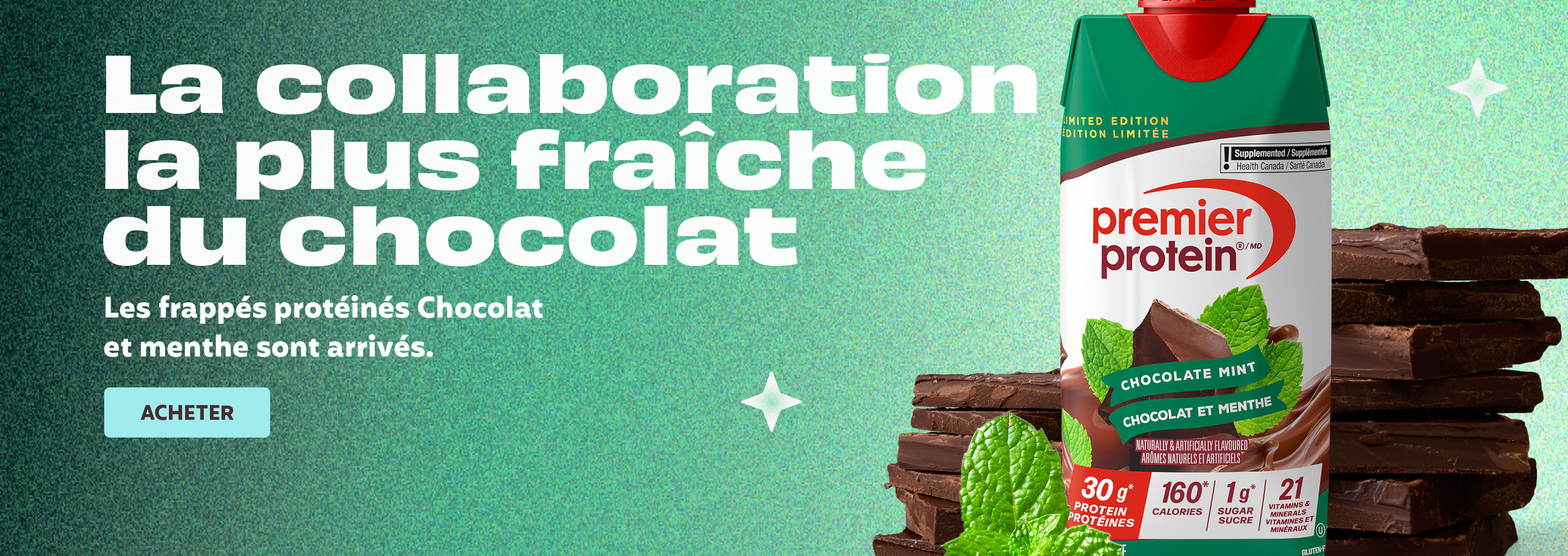 La collaboration la plus fraîche du chocolat Les frappés protéinés Chocolat et menthe sont arrivés.  Acheter.